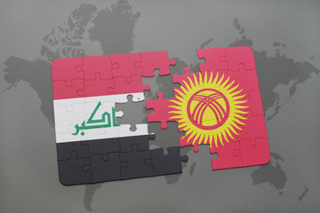 puzzle with the national flag of iraq and kyrgyzstan on a world map background.