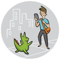 A man plays an augmented reality game outdoors on his mobile phone.