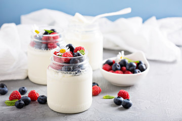 Fresh homemade yogurt in small jars