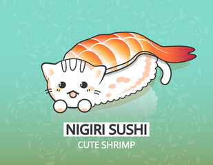 Vector japanese shrimp food illustration. Kitty ebi nigiri sushi. Happy cartoon character.