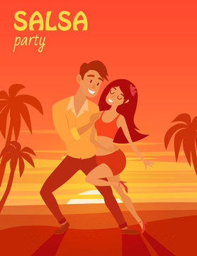 Latino party affiche. Salsa latino dancer on beach vector illustration. Cuban couple of happy woman and man. Poster for festival dates. Social salseros flat style