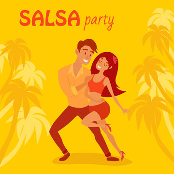 Latino party affiche. Salsa latino dancer on beach vector illustration. Cuban couple of happy woman and man. Poster for festival dates. Social salseros flat style