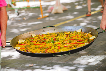 Traditional spanish dish paella with prawns and mussels