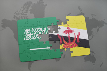 puzzle with the national flag of saudi arabia and brunei on a world map background.