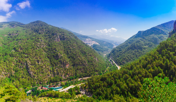 Mountain panoramic landscape of valley Dimcay, near of Alanya, Antalya district, Turkey, Asia. View near famous cave Dim Magarasi Summer bright day