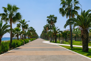 Fototapeta na wymiar Coastline and promenade in Limassol, island Cyprus, Europe, Mediterranean Sea. Bright sunny day and blue water and sky.