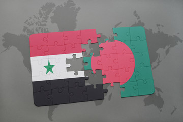 puzzle with the national flag of syria and bangladesh on a world map background.