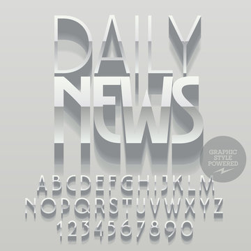 Set of glossy alphabet letters, numbers and punctuation symbols. Vector reflective silver poster with text Daily news. File contains graphic styles