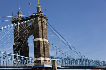 Fototapeta na wymiar The John A. Roebling Bridge connects Cincinnati, Ohio and Covington, Kentucky over the Ohio river.