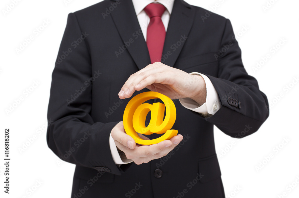 Poster 3d email symbol protected by hands. clipping path included.