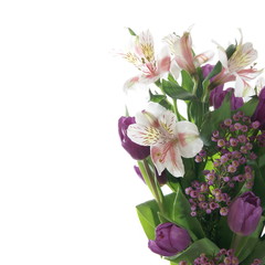 Spring Flower Bouquet of Lilies and Tulips on White Background