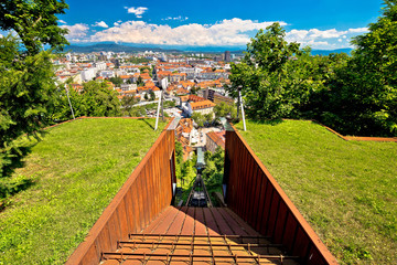 Funicular of Ljubljana and city aerial view