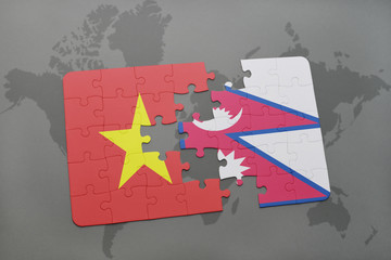 puzzle with the national flag of vietnam and nepal on a world map background.