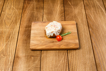 A beautiful seafood dish on a wooden background