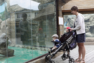 Mother and two sons in zoo