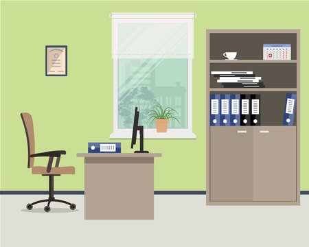 Workplace of office worker. Vector flat illustration. On the picture the desktop, case for documents, a chair, the  computer and other objects are situated on a window background