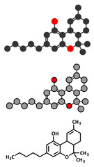 THC (delta-9-tetrahydrocannabinol, dronabinol) cannabis drug molecule