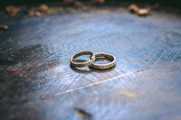 Pair of wedding rings on wooden background. Wedding concept.
