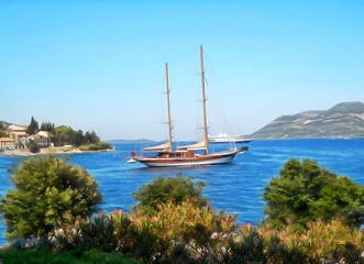 Panoramic view of beautiful bay and small town, Croatia, illustr