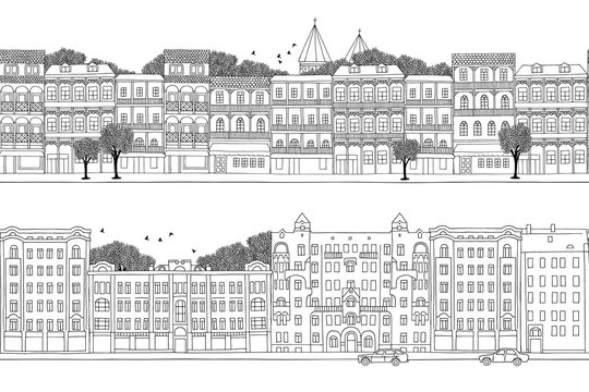 Two hand drawn seamless city banners - Russian and Georgian style houses