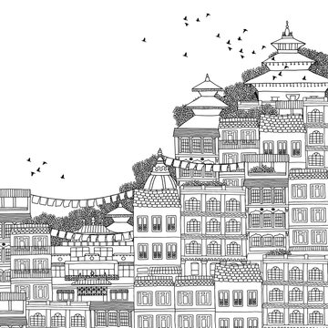 Kathmandu, Nepal - hand drawn black and white illustration of Kathmandu with space for text