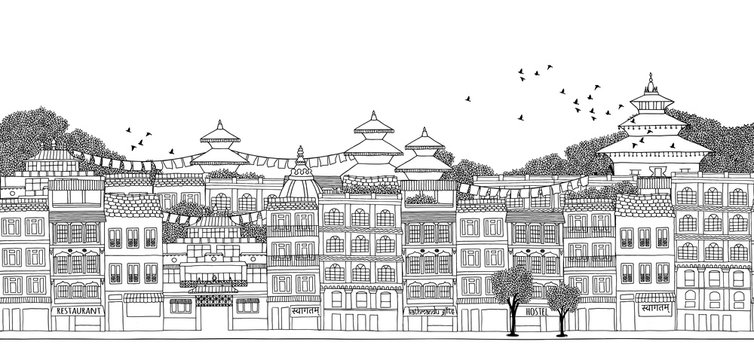Kathmandu, Nepal - seamless banner of Kathmandu's skyline, hand drawn black and white illustration