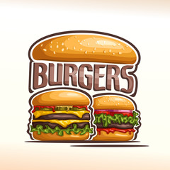 Vector logo double burgers, cut bun sesame, meat beef hamburger grilled patty, pickle, slice cheese cheddar, leaf lettuce salad, tomato ketchup. Big Burger menu for american fast food cafe takeaway