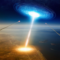 Aliens spaceship hits big town near sea, aliens invasion, missil © IgorZh