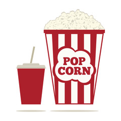 Popcorn and a drink in a glass with a straw. Flat vector illustr