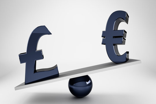 3D Rendering Of Pound Sign And Euro Sign On Balance Board