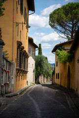 Old streets of greenery a medieval Tuscan town.