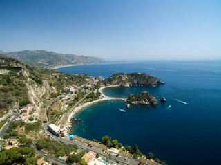 Aerial View of beach and island Isola Bella at Taormina, Sicily