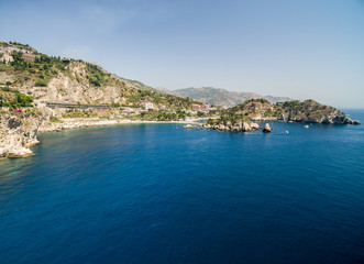 Naklejka na ściany i meble Aerial View of beach and island Isola Bella at Taormina, Sicily