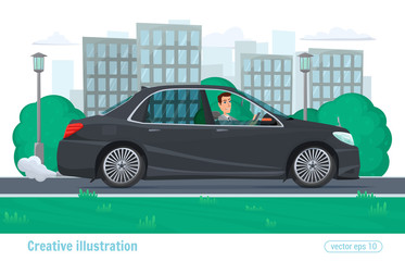 Successful businessman man rides through the city on prestigious car business class black. Vector illustration cartoon male and car colorful modern flat design.