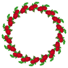Round frame with red roses. Vector clip art.