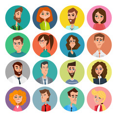 Cartoon male and female faces collection. Vector collection icon set of colorful people modern flat design. Avatars characters of men and women.