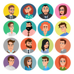Cartoon male and female faces collection. Vector collection icon set of colorful people modern flat design. Avatars characters of men and women.