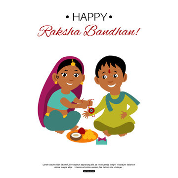 Brother and sister celebrating Raksha Bandhan tying rakhi. Indian traditional holiday background. Vector eps 10 format.