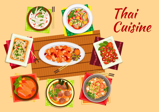 Asian cuisine dinner with thai dishes flat icon