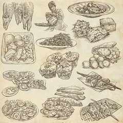 FOOD menu.Cuisine. Cooking. Dish. Collection of an hand drawing illustrations. Pack of full sized hand drawn illustrations. Set of freehand sketches. Line art technique. Drawing on paper background.