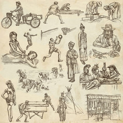 PEOPLE.Human race around the World. Nations. Group of people. Collection of  hand drawn illustrations. Pack of full sized hand drawings. Set of freehand sketches. Line art technique. Paper background.