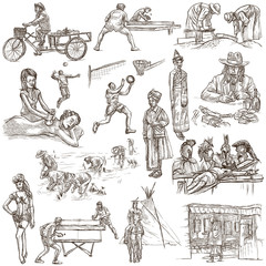 PEOPLE.Human race around the World. Nations. Group of people. Collection of  hand drawn illustrations. Pack of full sized hand drawings. Set of freehand sketches. Line art technique. White background.