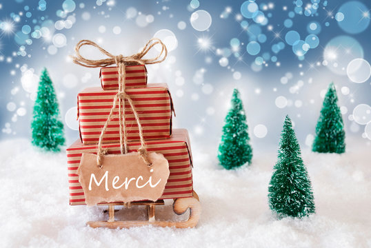 Christmas Sleigh On Blue Background, Merci Means Thank You