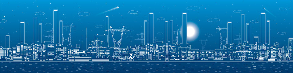 Power plant, electricity lines, energy and industrial panoramic, infrastructure, vector design art