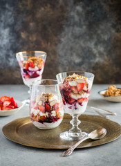 Yogurt with strawberries, nuts and flax seeds