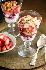 Yogurt with strawberries, nuts and flax seeds
