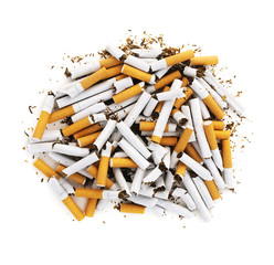 Crushed cigarettes on a white background.