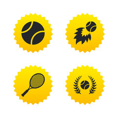 Tennis ball and racket icons. Laurel wreath.