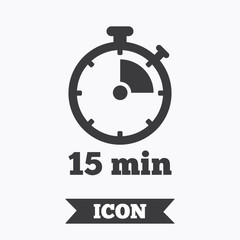 Timer sign icon. 15 minutes stopwatch symbol.