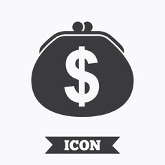 Wallet dollar sign icon. Cash bag symbol.